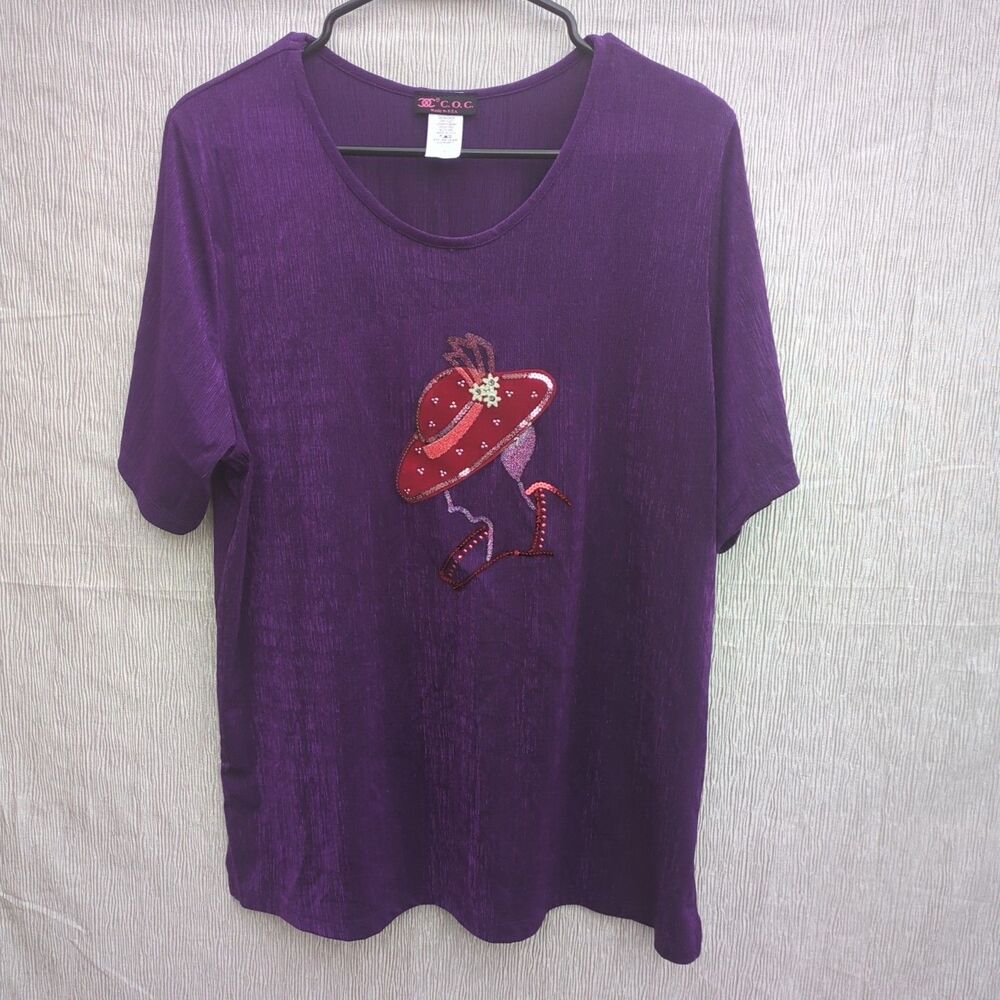 Vtg COC Red Hat Society Studded Blouse Top Women's Sz Large. Purple Embellished